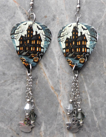 Haunted House Guitar Pick Earrings with Ghost Stainless Steel Charms and Swarovski Crystal Dangles