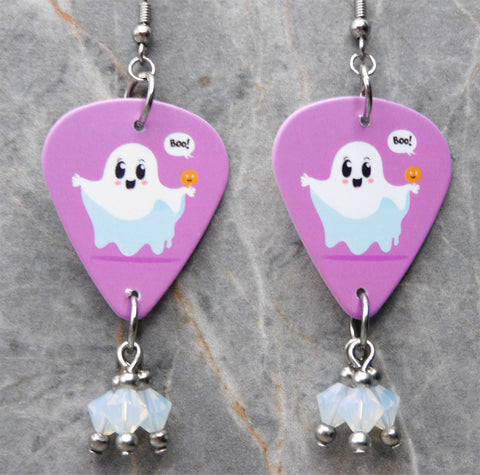 Boo Ghost with Jack o Lantern Guitar Pick Earrings with White Opal Swarovski Crystal Dangles