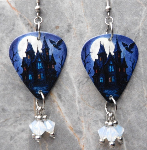 Spooky House Guitar Pick Earrings with Opal Swarovski Crystal Dangles