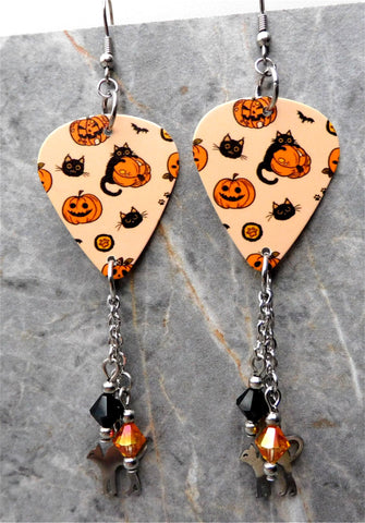 Halloween Jack o' Lantern and Black Cat Guitar Pick Earrings with Stainless Steel Charm and Swarovski Crystal Dangles