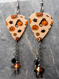 Halloween Jack o' Lantern and Black Cat Guitar Pick Earrings with Stainless Steel Charm and Swarovski Crystal Dangles