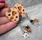 Halloween Jack o' Lantern and Black Cat Guitar Pick Earrings with Stainless Steel Charm and Swarovski Crystal Dangles