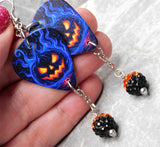 Halloween Jack o' Lantern Guitar Pick Earrings with Orange and Black Pave Bead Dangles