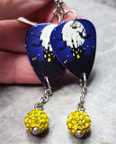 Haunted Castle in Front of a Full Moon Guitar Pick Earrings with Yellow Pave Bead Dangles