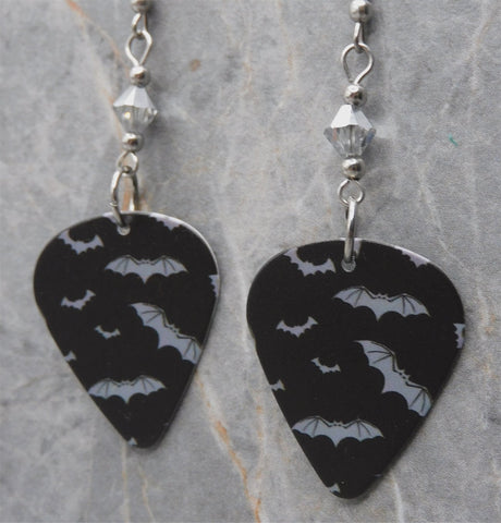 Bats on Black Guitar Pick Earrings with Metallic Silver Swarovski Crystals