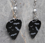Bats on Black Guitar Pick Earrings with Metallic Silver Swarovski Crystals