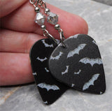 Bats on Black Guitar Pick Earrings with Metallic Silver Swarovski Crystals