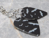 Bats on Black Guitar Pick Earrings with Metallic Silver Swarovski Crystals