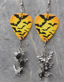 Flying Bats Guitar Pick Earrings with Stainless Steel Bat Charms and Black Swarovski Crystal Dangles