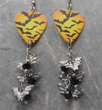 Flying Bats Guitar Pick Earrings with Stainless Steel Bat Charms and Black Swarovski Crystal Dangles