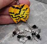 Flying Bats Guitar Pick Earrings with Stainless Steel Bat Charms and Black Swarovski Crystal Dangles