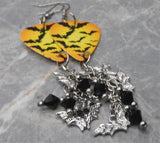 Flying Bats Guitar Pick Earrings with Stainless Steel Bat Charms and Black Swarovski Crystal Dangles