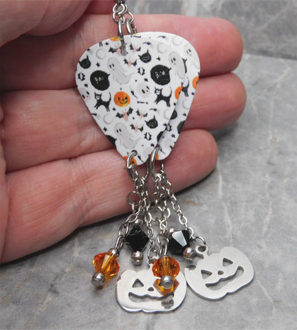 Halloween Guitar Pick Earrings with Jack o Lantern Charms and Swarovski Crystal Dangles