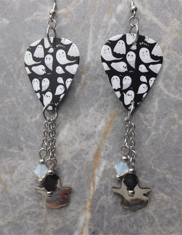 Ghosts That Say Boo Guitar Pick Earrings with Ghost Stainless Steel Charms and Swarovski Crystal Dangles