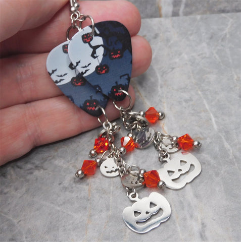 Jack o Lantern Guitar Pick Earrings with Stainless Steel Charms and Swarovski Crystal Dangles