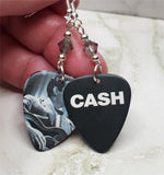 Johnny Cash Black and White Guitar Pick Earrings with Gray Swarovski Crystals