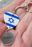 Israeli Flag Guitar Pick Keychain with Shalom Stainless Steel Charm