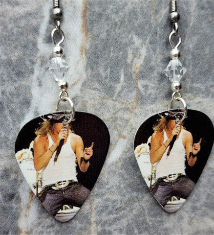 Singing Kid Rock Guitar Pick Earrings with Clear Swarovski Crystals
