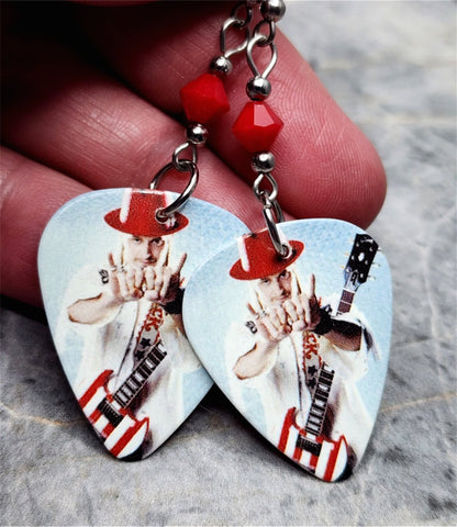 Kid Rock Guitar American Badass Pick Earrings with Red Swarovski Crystals