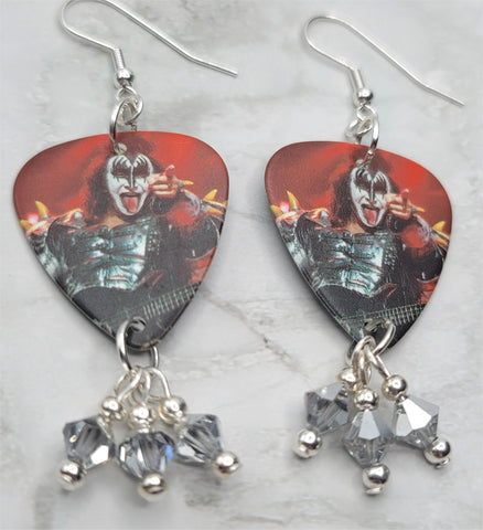 Kiss Gene Simmons on Stage Guitar Pick Earrings with Metallic Silver Swarovski Crystal Dangles