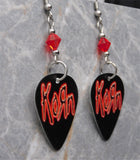 Korn in Red on Black Guitar Pick Earrings with Red Swarovski Crystals