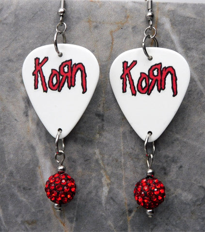 Korn Guitar Pick Earrings with Red and Black Pave Bead Dangles