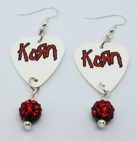 Korn Guitar Pick Earrings with Red and Black Pave Bead Dangles