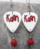 Korn Guitar Pick Earrings with Red and Black Pave Bead Dangles