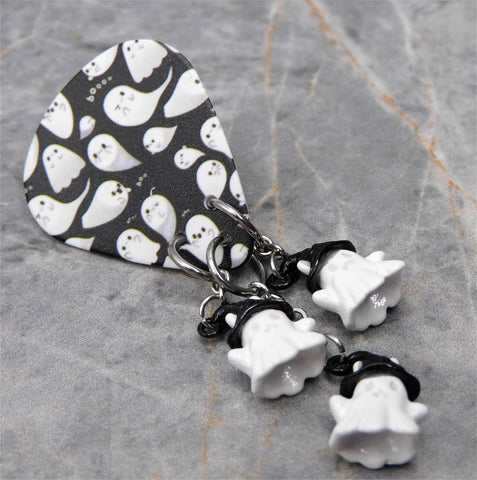 Halloween Boo Ghost Guitar Pick Pin or Tie Tack with White Ghost Dangles