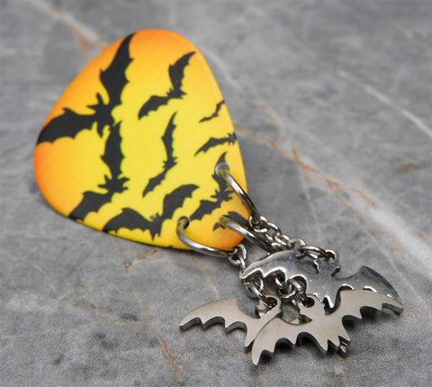 Swarm of Bats Guitar Pick Pin or Tie Tack with Stainless Steel Bat Charm Dangles