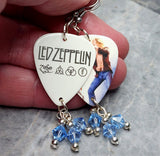 Led Zeppelin On Stage Guitar Pick Earrings with Blue Swarovski Crystal Dangles