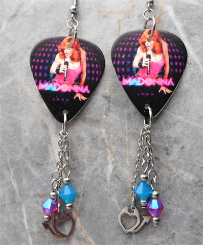 Madonna The Confessions Tour Guitar Pick Earrings with Stainless Steel "Devil" Heart Charms and Swarovski Crystal Dangles
