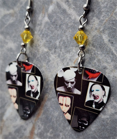 The Many Faces of Marilyn Manson Guitar Pick Earrings with Yellow Swarovski Crystals