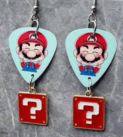 Super Mario Bros Mario Guitar Pick Earrings with Red Question Box Charms