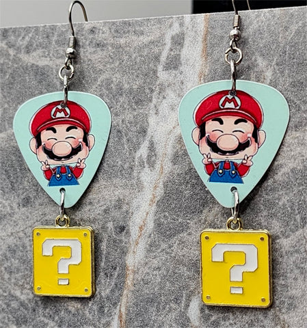 Super Mario Bros Mario Guitar Pick Earrings with Yellow Question Box Charms