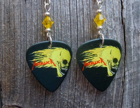 Metallica Flaming Skull Guitar Pick Earrings with Yellow Swarovski Crystals