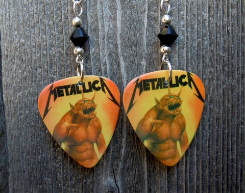 Metallica Jump in the Fire Guitar Pick Earrings with Black Swarovski Crystals