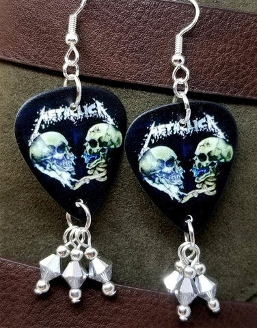 Metallica Skulls Guitar Pick Earrings with Metallic Silver Swarovski Crystal Dangles