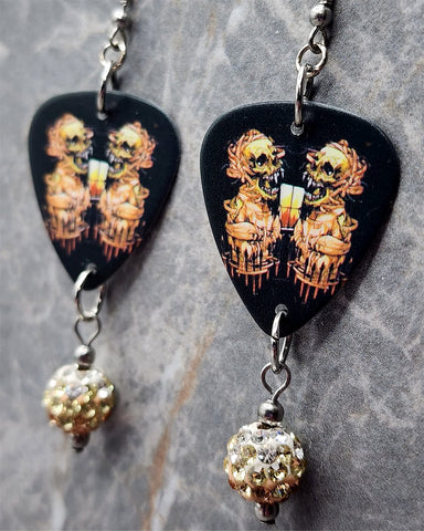 Metallica Skull Artwork Guitar Pick Earrings with Ombre Pave Bead Dangles