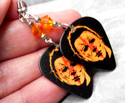 Halloween Movie Michael Myers Guitar Pick Earrings with Orange Swarovski Crystals