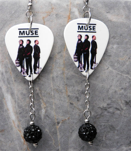 Muse Group Photo Guitar Pick Earrings with Black Pave Bead Dangles