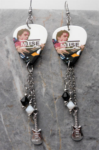 Matt Bellamy of Muse Guitar Pick Earrings with Stainless Steel Charm and Swarovski Crystal Dangles