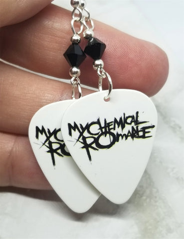 My Chemical Romance White Guitar Pick Earrings with Black Swarovski Crystal Danlrds