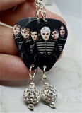 My Chemical Romance Group Picture Guitar Pick Earrings with White Pave Bead Dangles