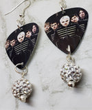 My Chemical Romance Group Picture Guitar Pick Earrings with White Pave Bead Dangles