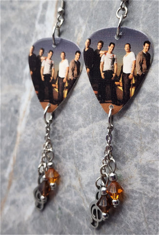New Kids on the Block Guitar Pick Earrings with Treble Clef Charms and Swarovski Crystal Dangles