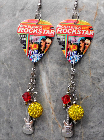 Nickelback Rockstar Guitar Pick Earrings with Swarovski Crystal, Pave Bead, and Stainless Steel Charm Dangles