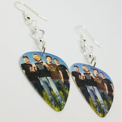 Nickelback Group Photo Guitar Pick Earrings with Clear Swarovski Crystals