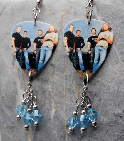 Nickelback Group Photo Guitar Pick Earrings with Aqua Swarovski Crystal Dangles