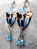 Nickelback Group Photo Guitar Pick Earrings with Aqua Swarovski Crystal Dangles